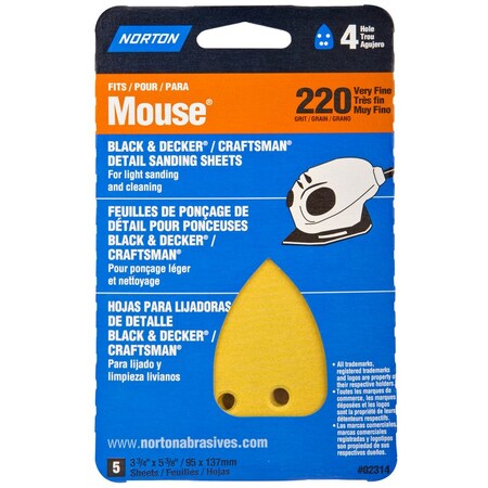 Norton Abrasives Multisand 5-1/4 L X 3-3/4 W 220 Grit Aluminum Oxide Mouse Sandpaper 6PK 07660702314